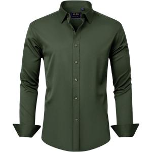 imageJVER Mens Dress Shirts Solid Long Sleeve Stretch WrinkleFree Formal Shirt Business Casual Button Down ShirtsArmy Green