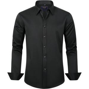 imageJVER Mens Dress Shirts Solid Long Sleeve Stretch WrinkleFree Formal Shirt Business Casual Button Down ShirtsBlack