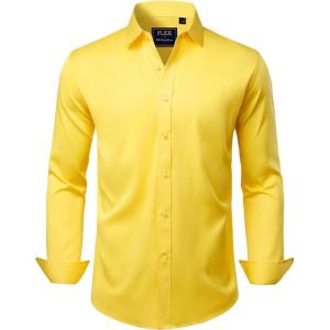 imageJVER Mens Dress Shirts Solid Long Sleeve Stretch WrinkleFree Formal Shirt Business Casual Button Down ShirtsBright Yellow