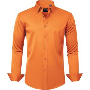 imageJVER Mens Dress Shirts Solid Long Sleeve Stretch WrinkleFree Formal Shirt Business Casual Button Down ShirtsBurnt Orange