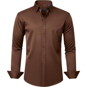 imageJVER Mens Dress Shirts Solid Long Sleeve Stretch WrinkleFree Formal Shirt Business Casual Button Down ShirtsChocolate Brown