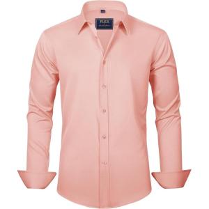 imageJVER Mens Dress Shirts Solid Long Sleeve Stretch WrinkleFree Formal Shirt Business Casual Button Down ShirtsCoral