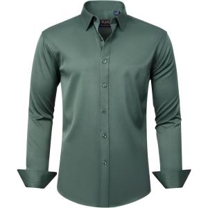 imageJVER Mens Dress Shirts Solid Long Sleeve Stretch WrinkleFree Formal Shirt Business Casual Button Down ShirtsDark Green