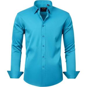 imageJVER Mens Dress Shirts Solid Long Sleeve Stretch WrinkleFree Formal Shirt Business Casual Button Down ShirtsDeep Sea