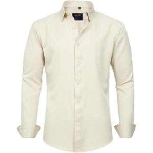 imageJVER Mens Dress Shirts Solid Long Sleeve Stretch WrinkleFree Formal Shirt Business Casual Button Down ShirtsFaded Creamy Yellow