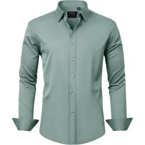 imageJVER Mens Dress Shirts Solid Long Sleeve Stretch WrinkleFree Formal Shirt Business Casual Button Down ShirtsGreen Grey