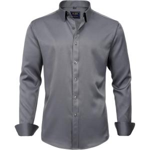 imageJVER Mens Dress Shirts Solid Long Sleeve Stretch WrinkleFree Formal Shirt Business Casual Button Down ShirtsGrey