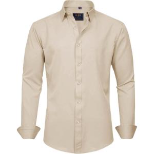 imageJVER Mens Dress Shirts Solid Long Sleeve Stretch WrinkleFree Formal Shirt Business Casual Button Down ShirtsKhaki