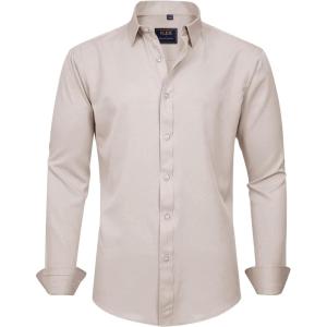 imageJVER Mens Dress Shirts Solid Long Sleeve Stretch WrinkleFree Formal Shirt Business Casual Button Down ShirtsKhaki Tan
