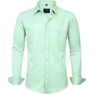 imageJVER Mens Dress Shirts Solid Long Sleeve Stretch WrinkleFree Formal Shirt Business Casual Button Down ShirtsLight Green