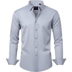 imageJVER Mens Dress Shirts Solid Long Sleeve Stretch WrinkleFree Formal Shirt Business Casual Button Down ShirtsLight Grey