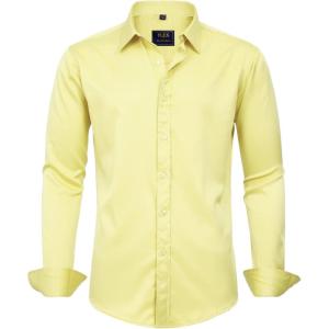 imageJVER Mens Dress Shirts Solid Long Sleeve Stretch WrinkleFree Formal Shirt Business Casual Button Down ShirtsLight Yellow