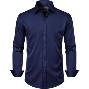 imageJVER Mens Dress Shirts Solid Long Sleeve Stretch WrinkleFree Formal Shirt Business Casual Button Down ShirtsNavy Blue
