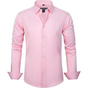 imageJVER Mens Dress Shirts Solid Long Sleeve Stretch WrinkleFree Formal Shirt Business Casual Button Down ShirtsPink