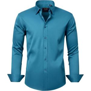 imageJVER Mens Dress Shirts Solid Long Sleeve Stretch WrinkleFree Formal Shirt Business Casual Button Down ShirtsTeal