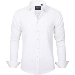 imageJVER Mens Dress Shirts Solid Long Sleeve Stretch WrinkleFree Formal Shirt Business Casual Button Down ShirtsWhite