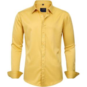 imageJVER Mens Dress Shirts Solid Long Sleeve Stretch WrinkleFree Formal Shirt Business Casual Button Down ShirtsYellow
