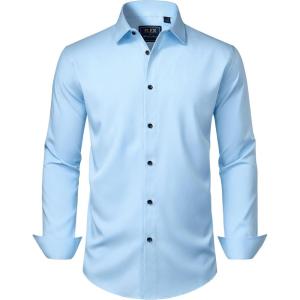 imageJVER Mens Dress Shirts Stretch Long Sleeve Formal Shirt Solid Business Casual Button Down Shirts for Wedding PromBlue