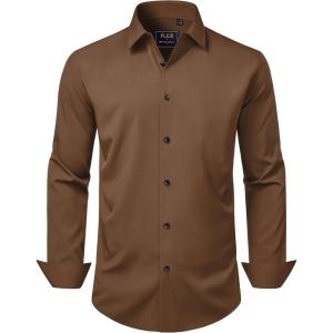 imageJVER Mens Dress Shirts Stretch Long Sleeve Formal Shirt Solid Business Casual Button Down Shirts for Wedding PromBrown