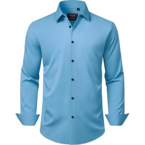 imageJVER Mens Dress Shirts Stretch Long Sleeve Formal Shirt Solid Business Casual Button Down Shirts for Wedding PromClassic Blue