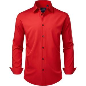 imageJVER Mens Dress Shirts Stretch Long Sleeve Formal Shirt Solid Business Casual Button Down Shirts for Wedding PromRed
