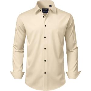imageJVER Mens Dress Shirts Stretch Long Sleeve Formal Shirt Solid Business Casual Button Down Shirts for Wedding PromTan
