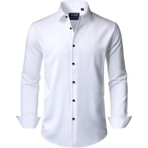 imageJVER Mens Dress Shirts Stretch Long Sleeve Formal Shirt Solid Business Casual Button Down Shirts for Wedding PromWhite