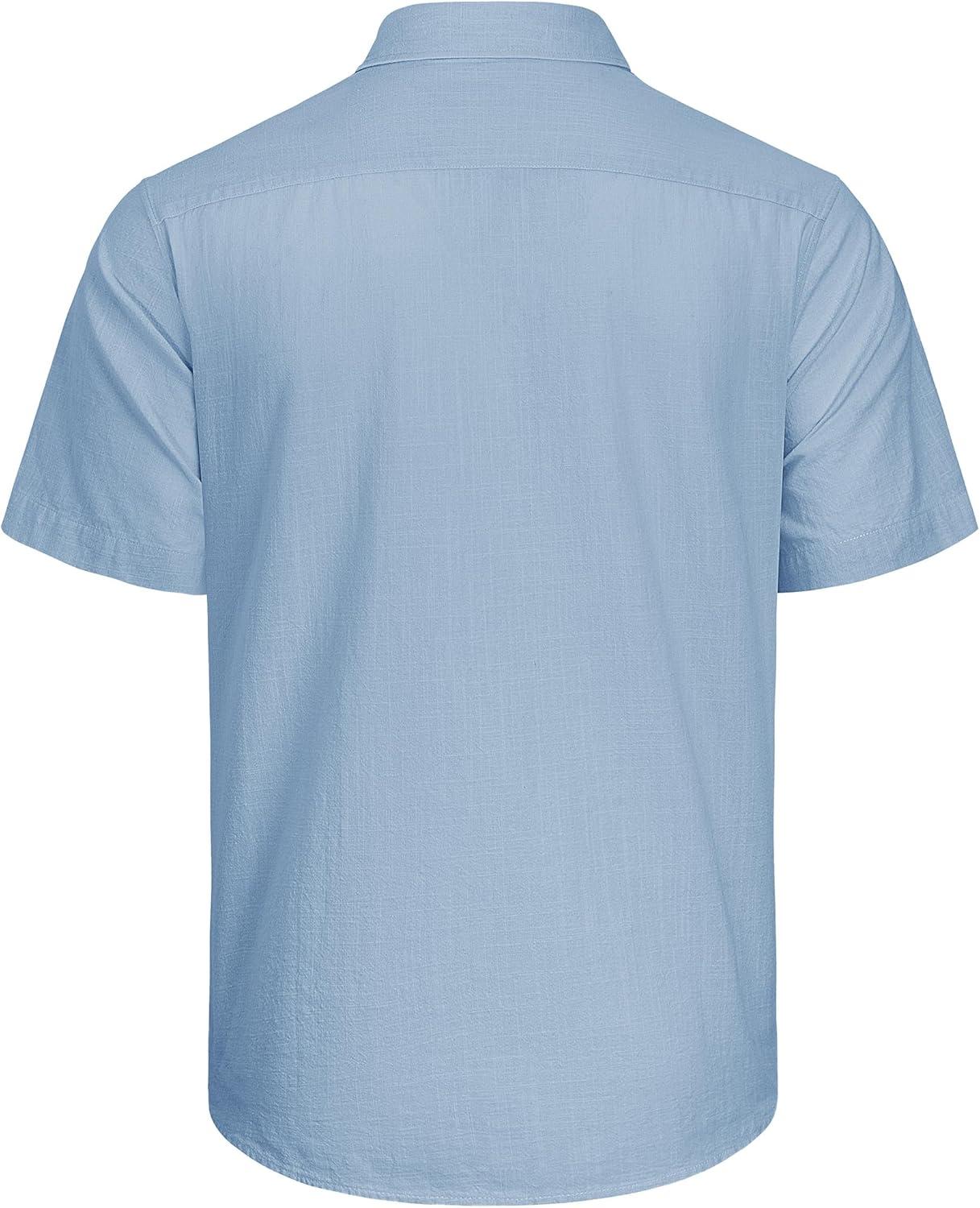 imageJVER Mens Cotton Linen Short Sleeve Shirts Casual Lightweight Button Down Shirts Vacation Beach Summer Tops with PocketAiry Blue