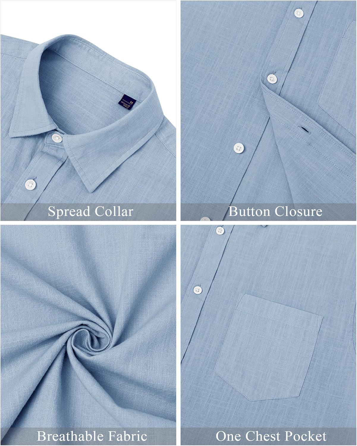 imageJVER Mens Cotton Linen Short Sleeve Shirts Casual Lightweight Button Down Shirts Vacation Beach Summer Tops with PocketAiry Blue