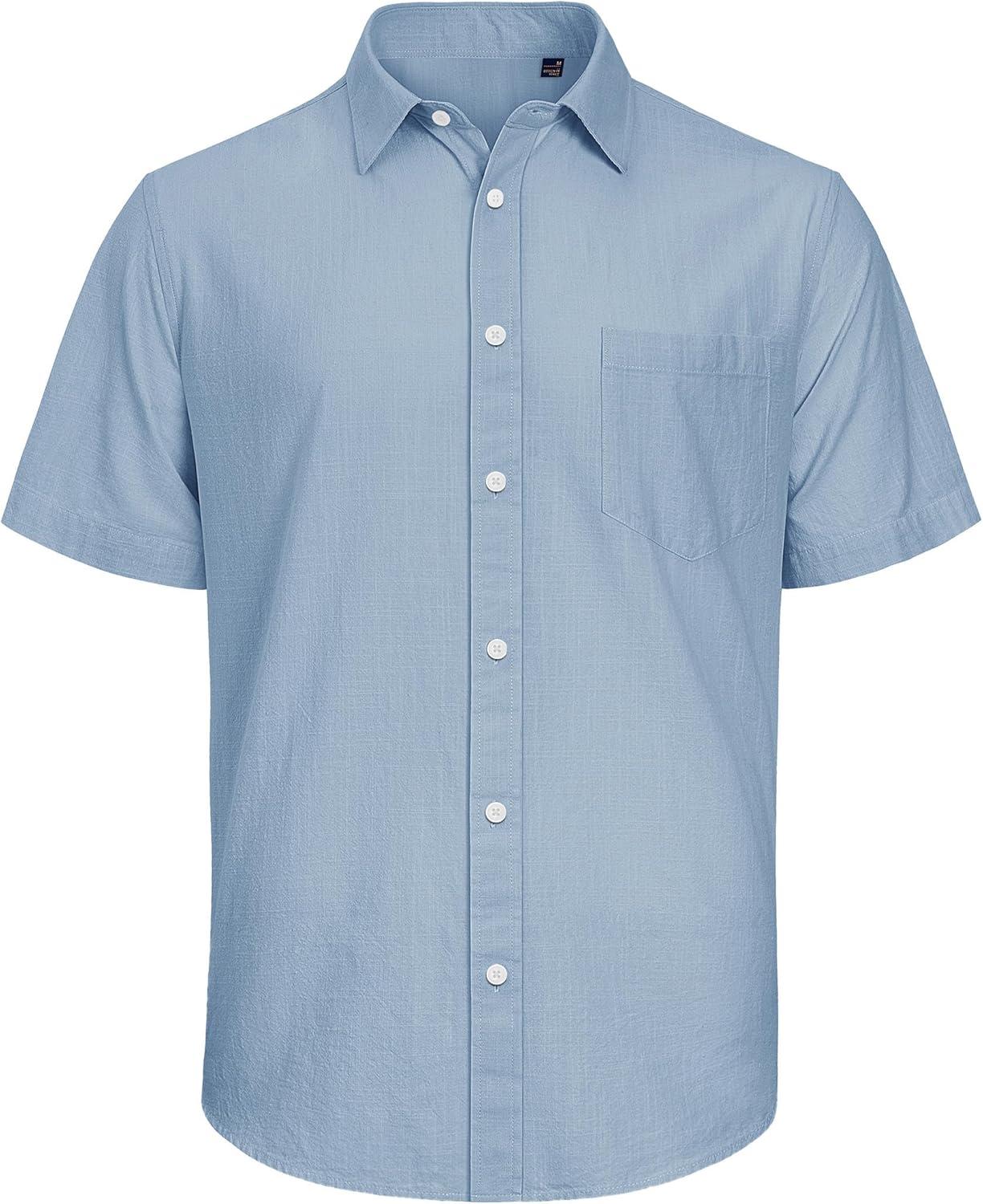 imageJVER Mens Cotton Linen Short Sleeve Shirts Casual Lightweight Button Down Shirts Vacation Beach Summer Tops with PocketAiry Blue