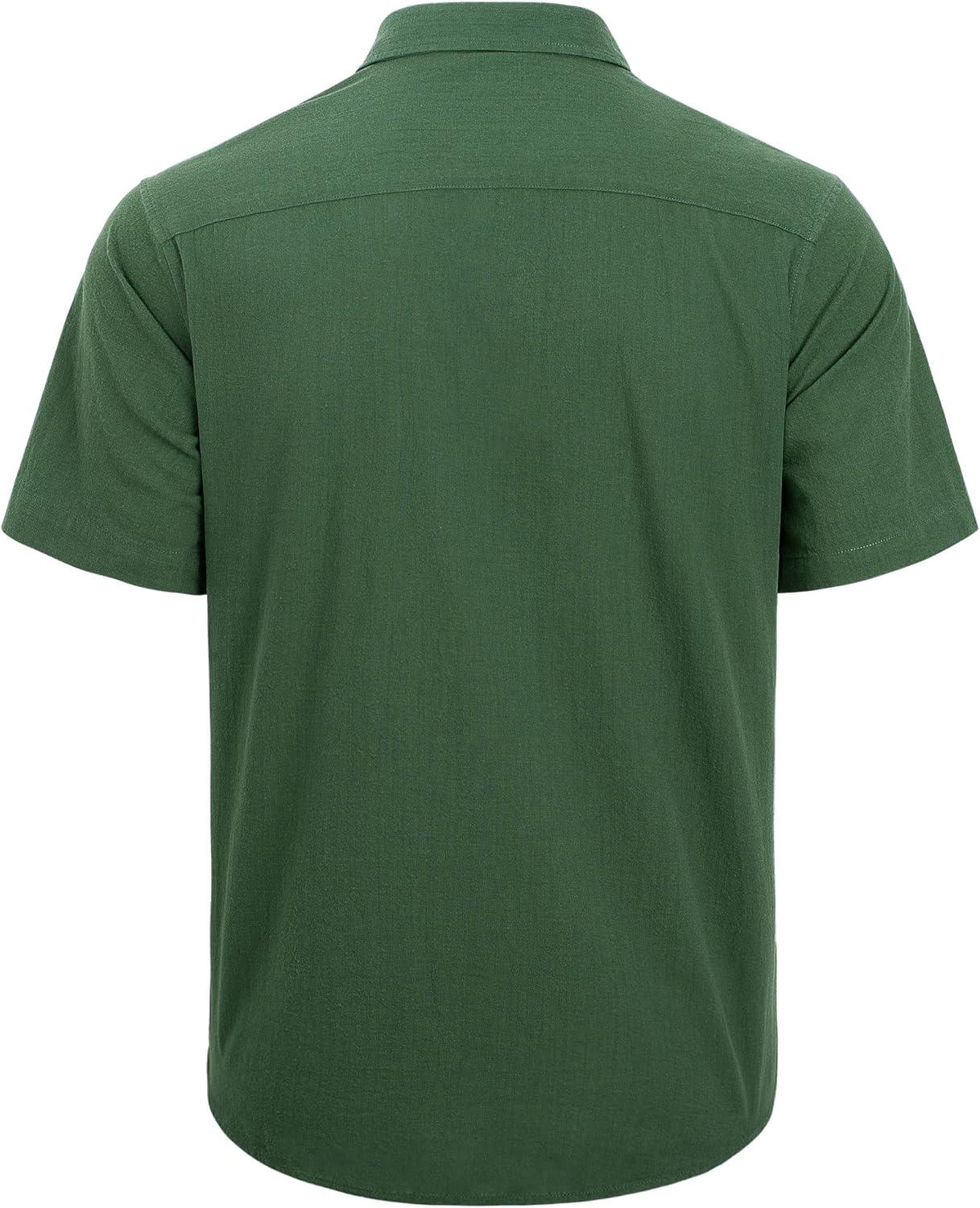 imageJVER Mens Cotton Linen Short Sleeve Shirts Casual Lightweight Button Down Shirts Vacation Beach Summer Tops with PocketArmy Green