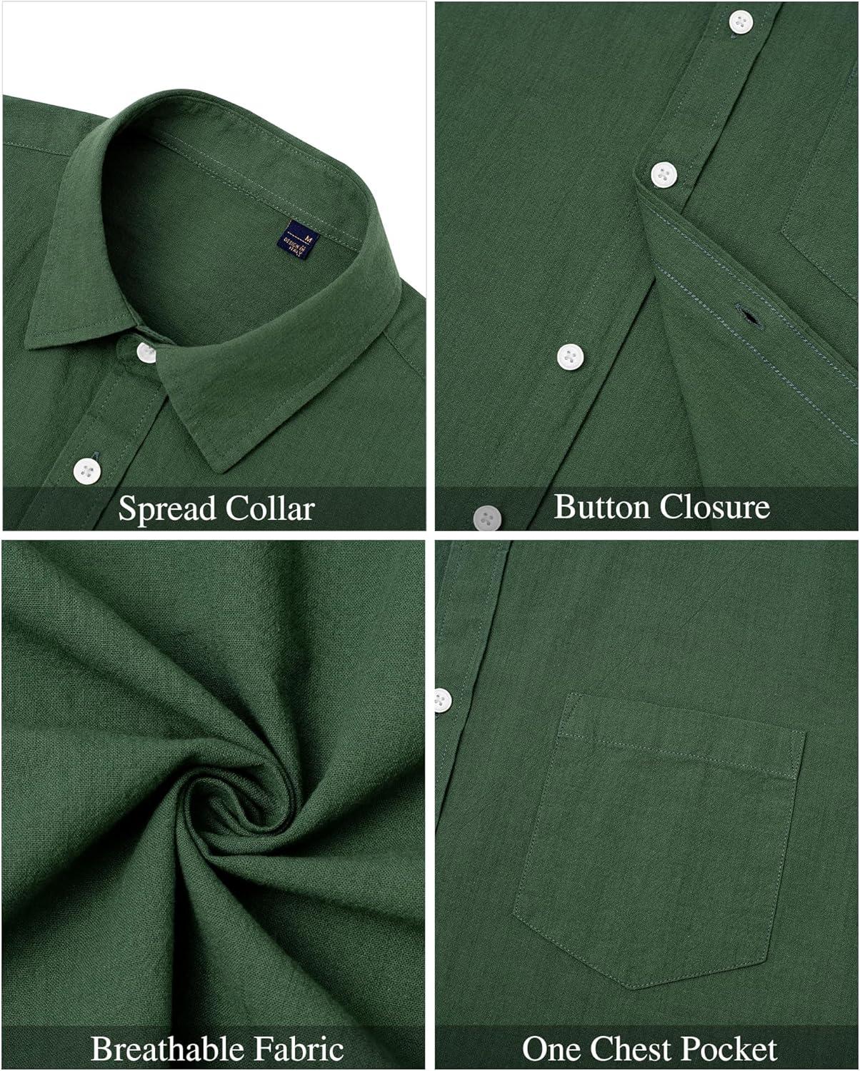 imageJVER Mens Cotton Linen Short Sleeve Shirts Casual Lightweight Button Down Shirts Vacation Beach Summer Tops with PocketArmy Green