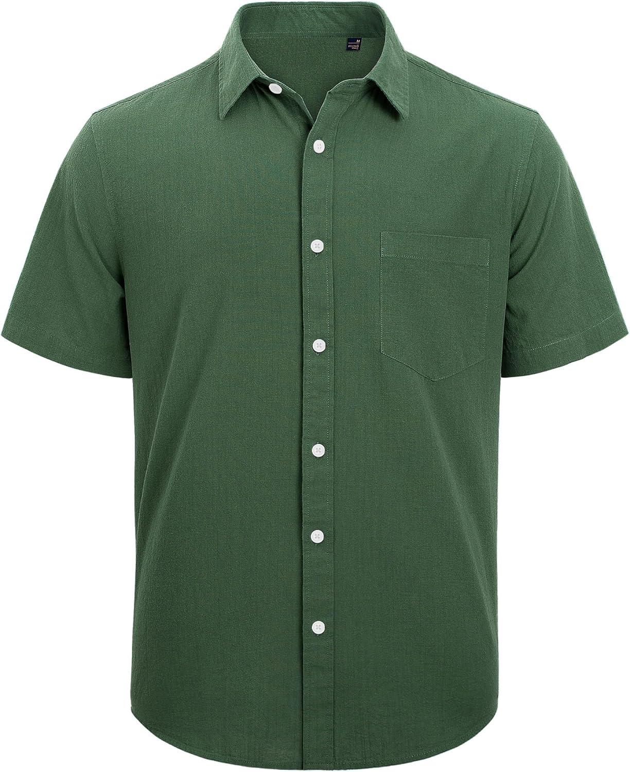 imageJVER Mens Cotton Linen Short Sleeve Shirts Casual Lightweight Button Down Shirts Vacation Beach Summer Tops with PocketArmy Green