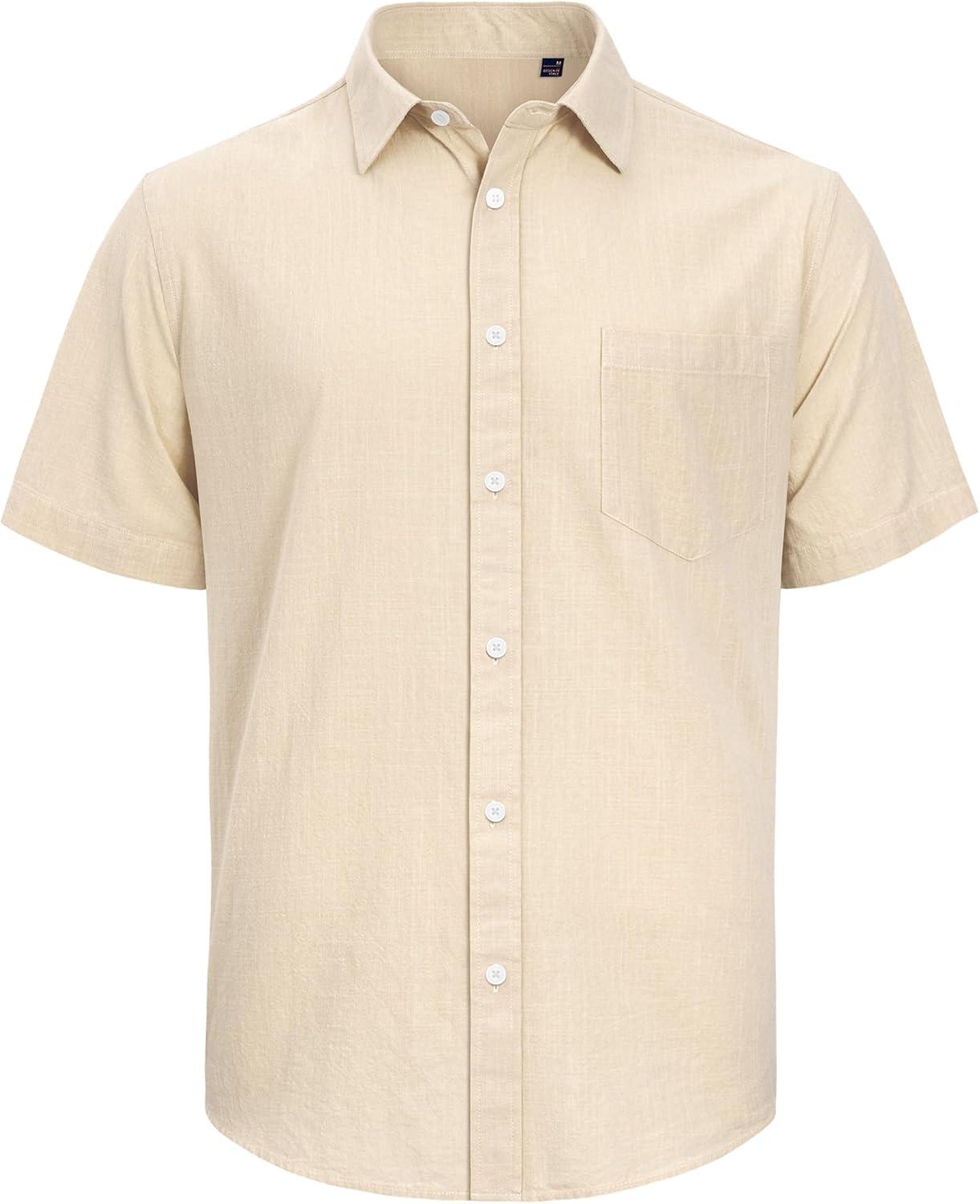 imageJVER Mens Cotton Linen Short Sleeve Shirts Casual Lightweight Button Down Shirts Vacation Beach Summer Tops with PocketBeige
