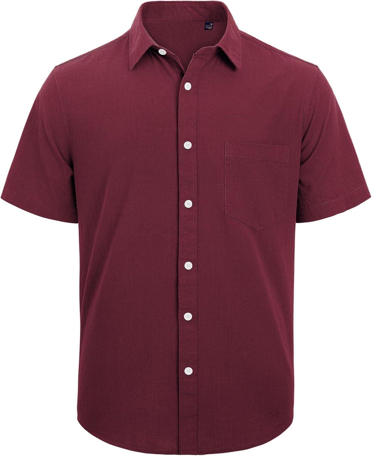 imageJVER Mens Cotton Linen Short Sleeve Shirts Casual Lightweight Button Down Shirts Vacation Beach Summer Tops with PocketBurgundy