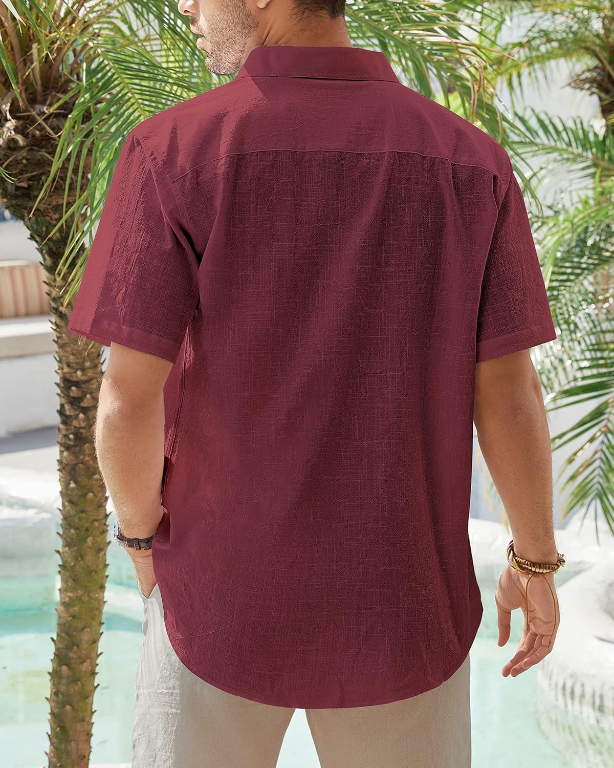 imageJVER Mens Cotton Linen Short Sleeve Shirts Casual Lightweight Button Down Shirts Vacation Beach Summer Tops with PocketBurgundy