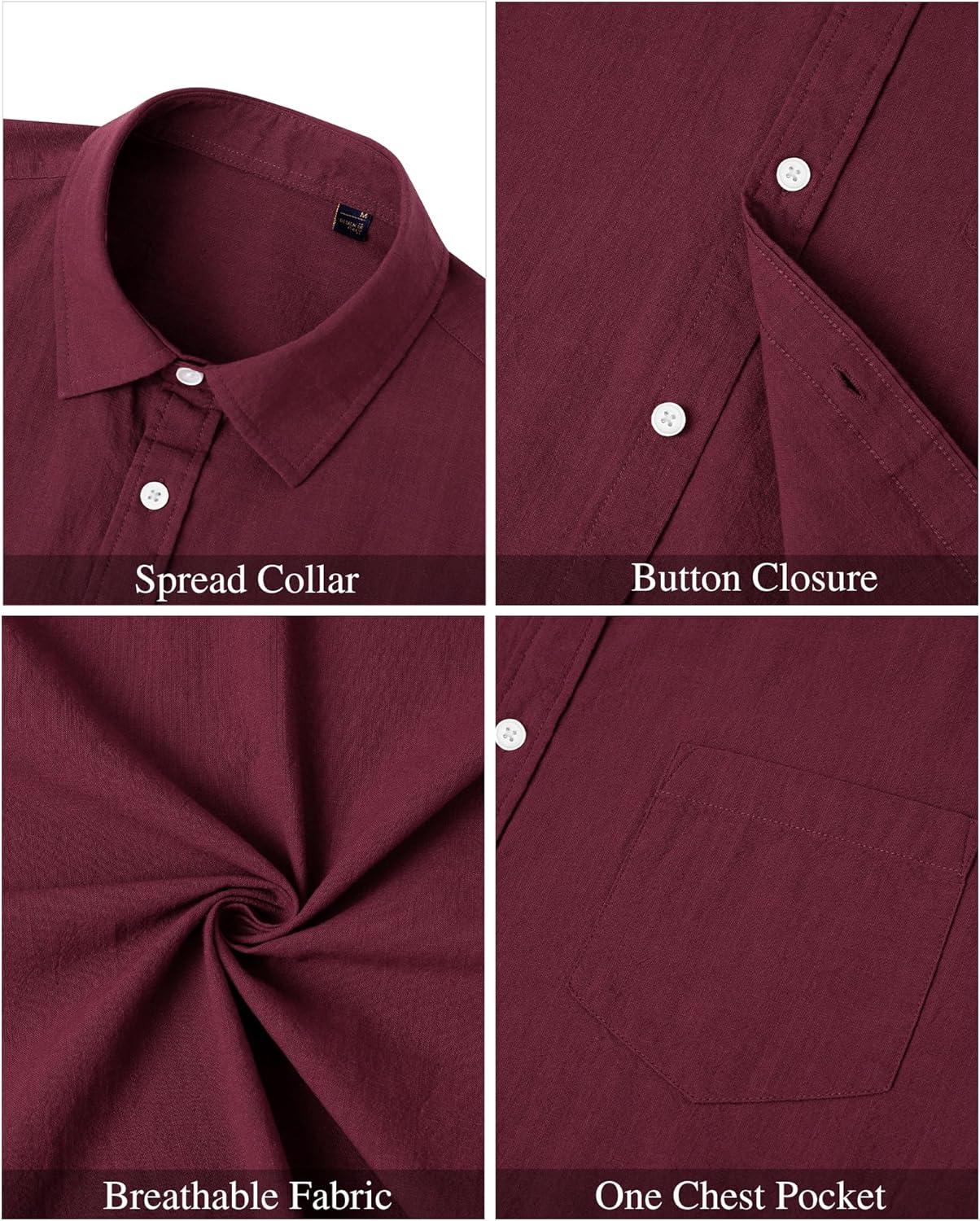 imageJVER Mens Cotton Linen Short Sleeve Shirts Casual Lightweight Button Down Shirts Vacation Beach Summer Tops with PocketBurgundy