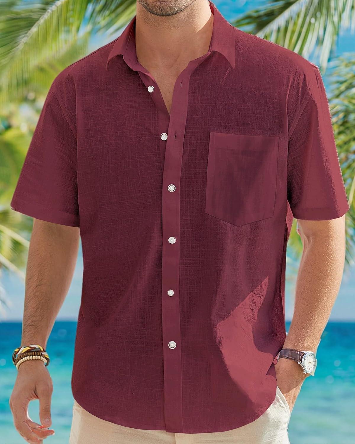 imageJVER Mens Cotton Linen Short Sleeve Shirts Casual Lightweight Button Down Shirts Vacation Beach Summer Tops with PocketBurgundy