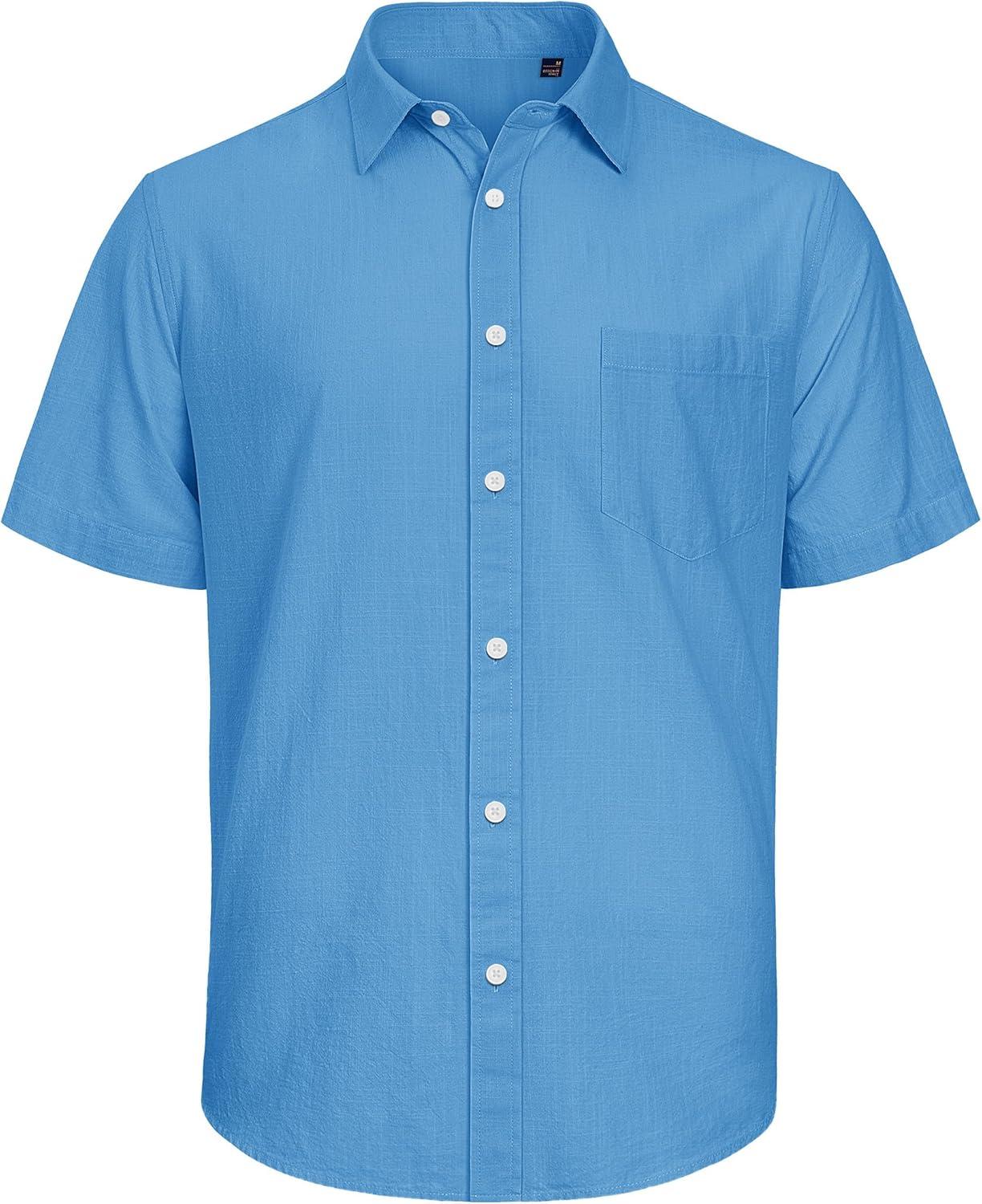 imageJVER Mens Cotton Linen Short Sleeve Shirts Casual Lightweight Button Down Shirts Vacation Beach Summer Tops with PocketCobalt Blue