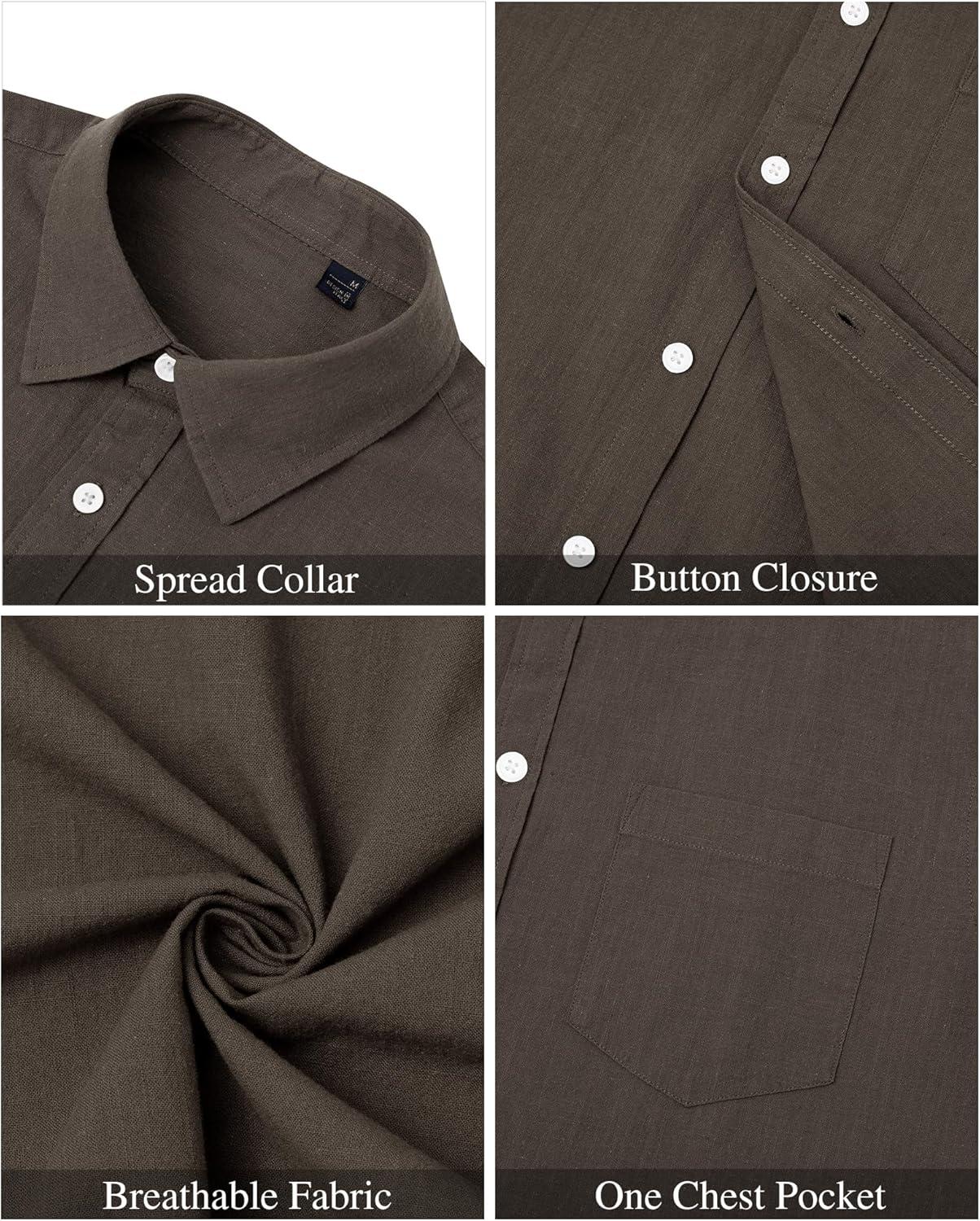 imageJVER Mens Cotton Linen Short Sleeve Shirts Casual Lightweight Button Down Shirts Vacation Beach Summer Tops with PocketCoffee