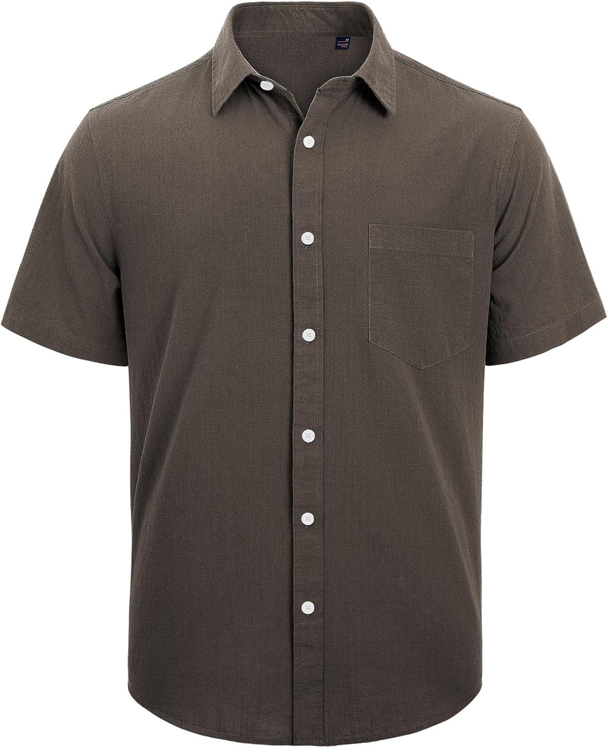 imageJVER Mens Cotton Linen Short Sleeve Shirts Casual Lightweight Button Down Shirts Vacation Beach Summer Tops with PocketCoffee