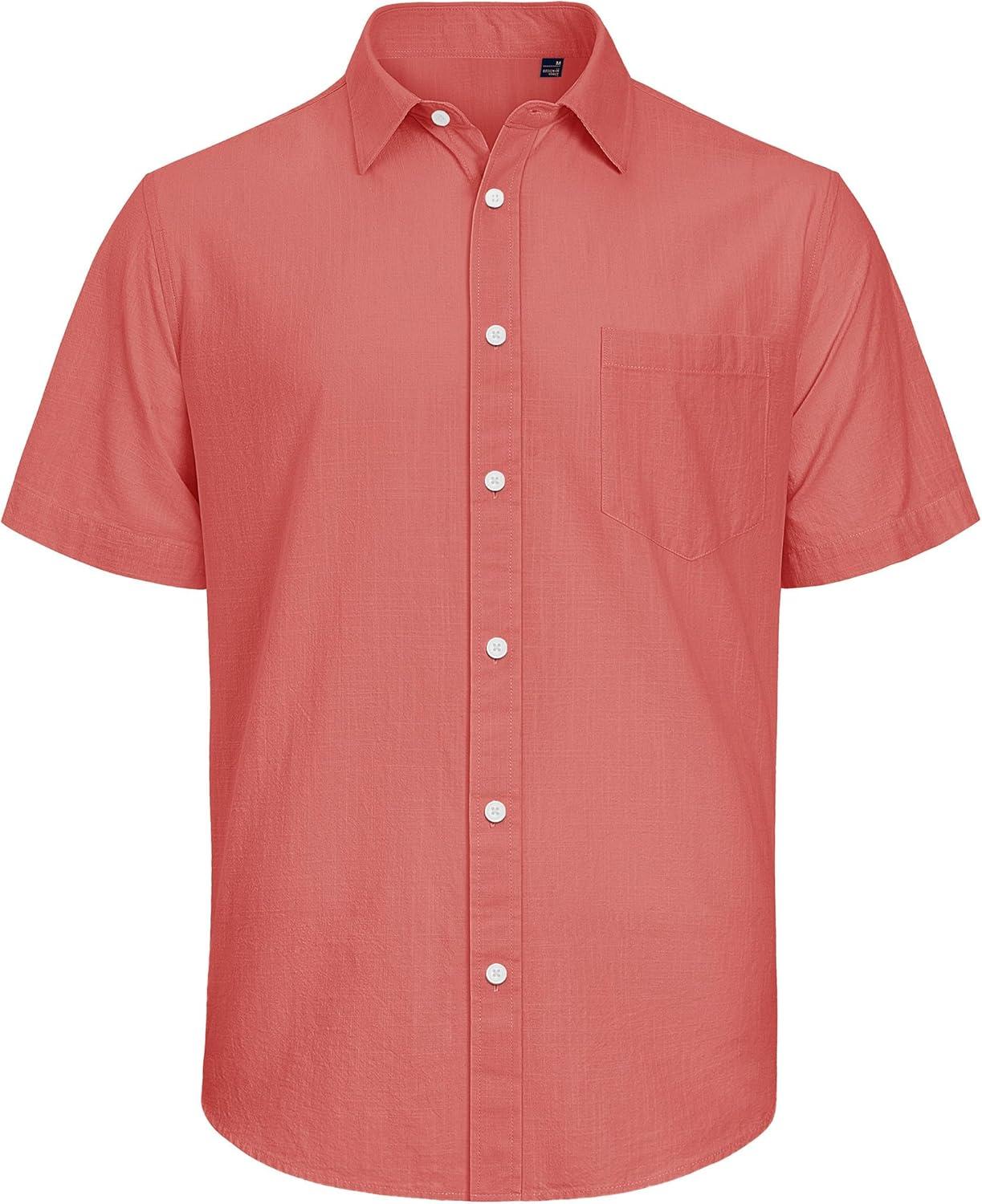 imageJVER Mens Cotton Linen Short Sleeve Shirts Casual Lightweight Button Down Shirts Vacation Beach Summer Tops with PocketCoral