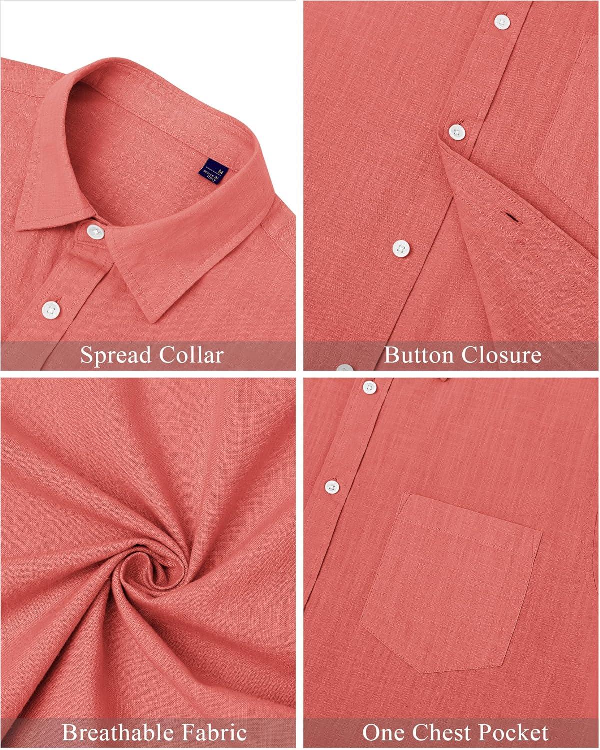 imageJVER Mens Cotton Linen Short Sleeve Shirts Casual Lightweight Button Down Shirts Vacation Beach Summer Tops with PocketCoral