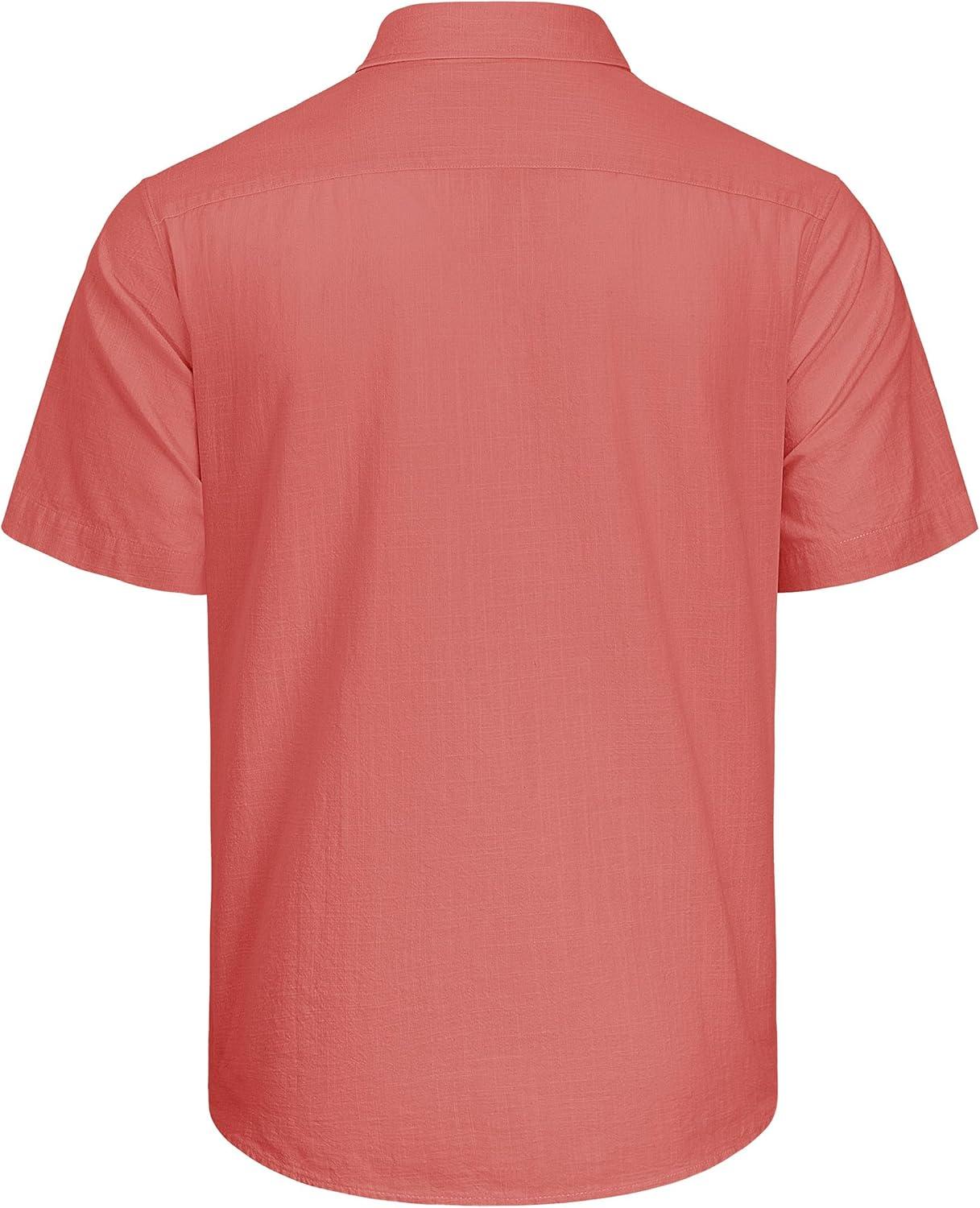 imageJVER Mens Cotton Linen Short Sleeve Shirts Casual Lightweight Button Down Shirts Vacation Beach Summer Tops with PocketCoral