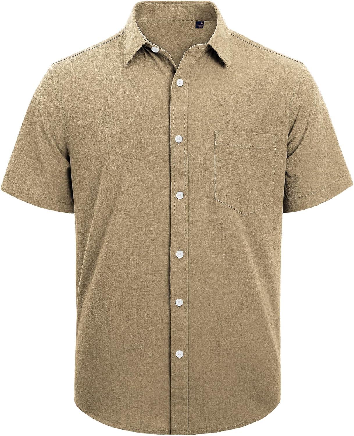 imageJVER Mens Cotton Linen Short Sleeve Shirts Casual Lightweight Button Down Shirts Vacation Beach Summer Tops with PocketDark Khaki