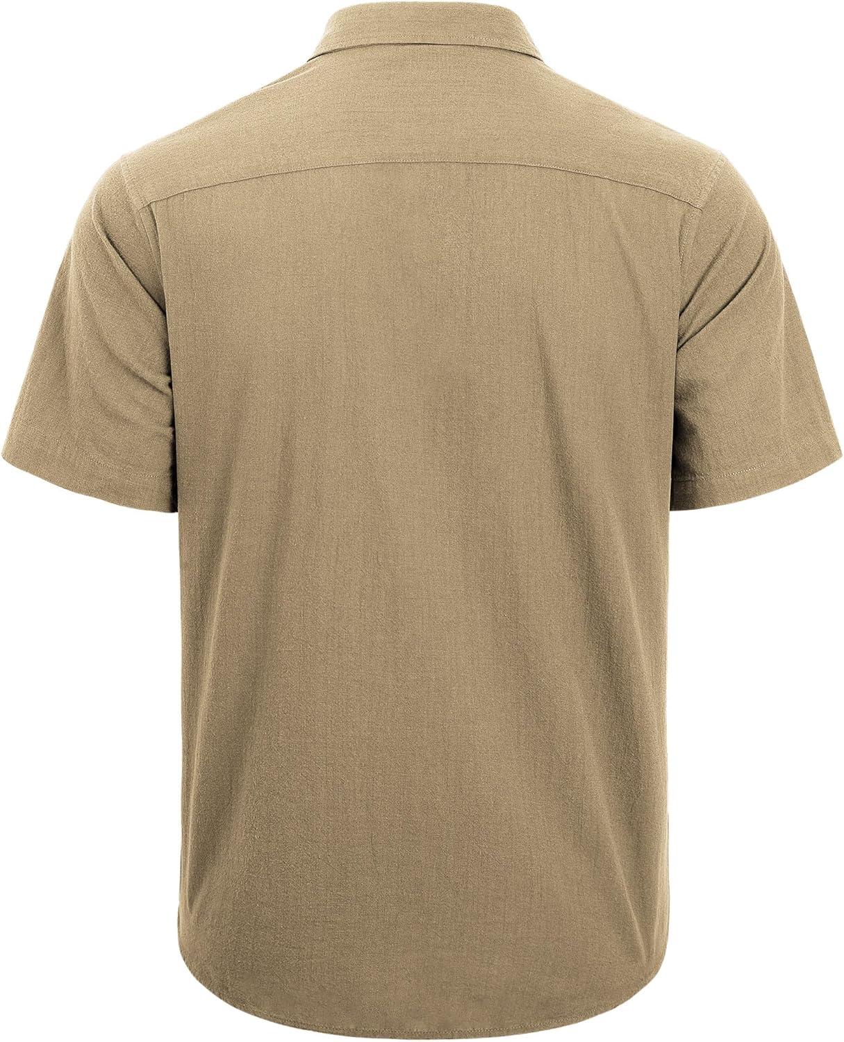 imageJVER Mens Cotton Linen Short Sleeve Shirts Casual Lightweight Button Down Shirts Vacation Beach Summer Tops with PocketDark Khaki