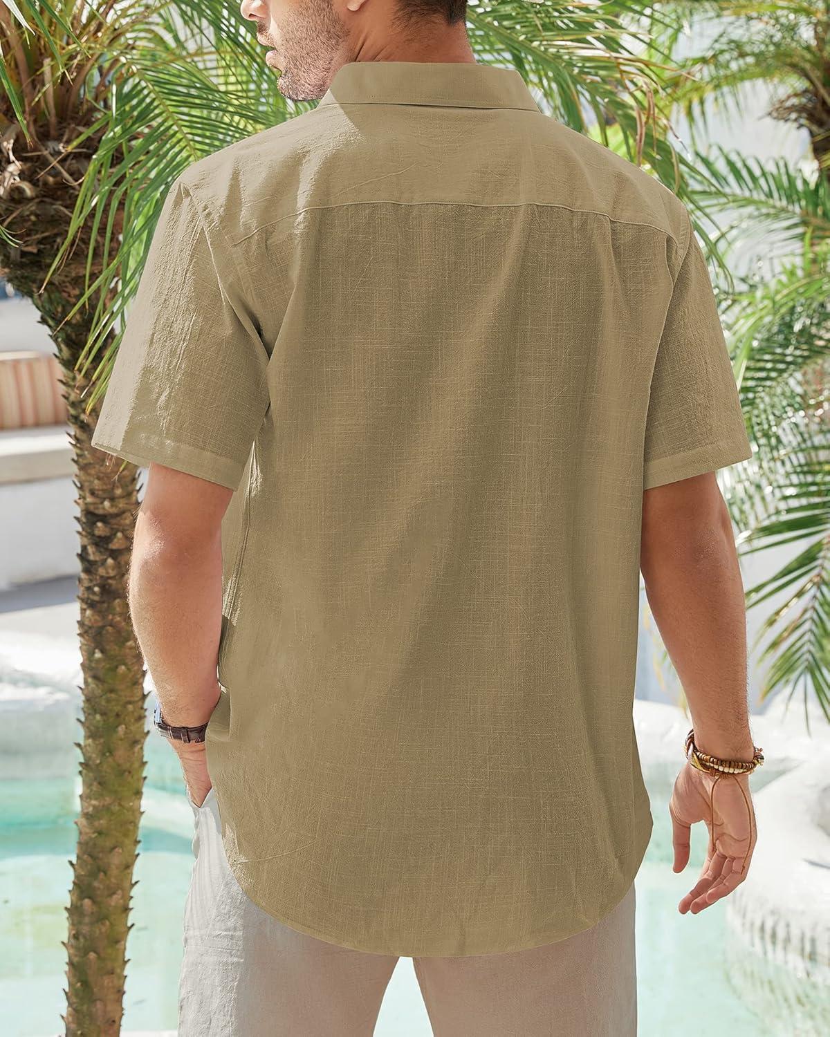 imageJVER Mens Cotton Linen Short Sleeve Shirts Casual Lightweight Button Down Shirts Vacation Beach Summer Tops with PocketDark Khaki