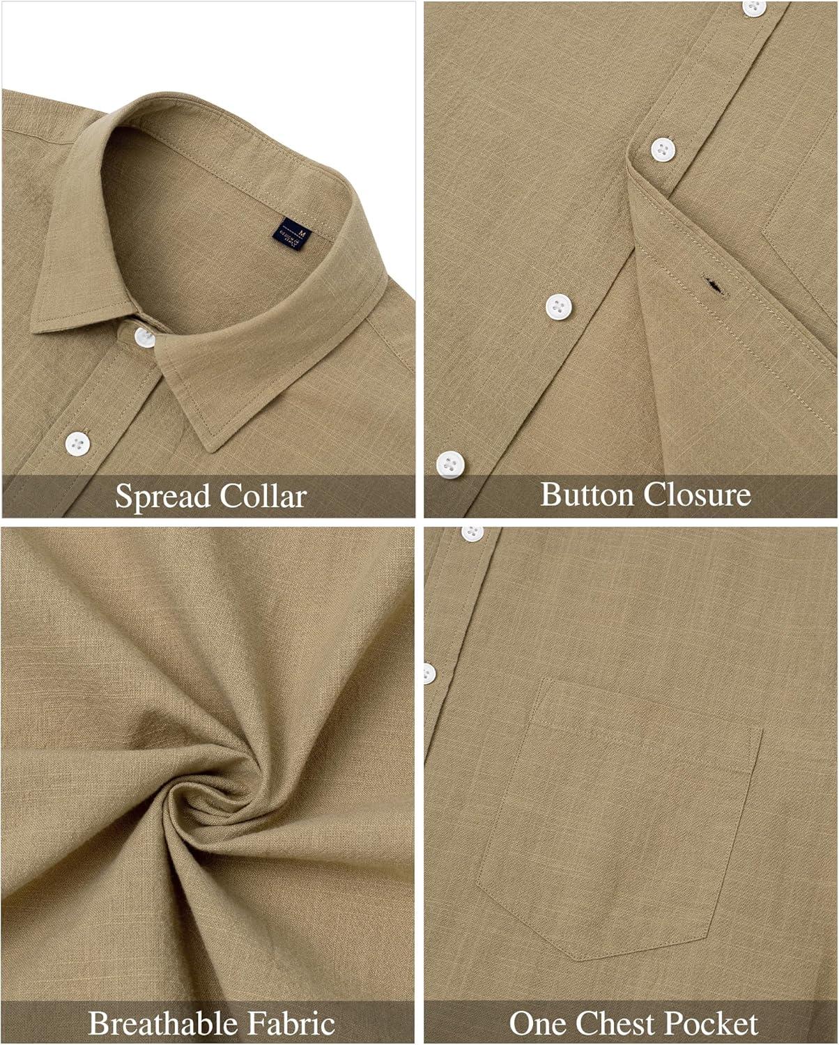 imageJVER Mens Cotton Linen Short Sleeve Shirts Casual Lightweight Button Down Shirts Vacation Beach Summer Tops with PocketDark Khaki
