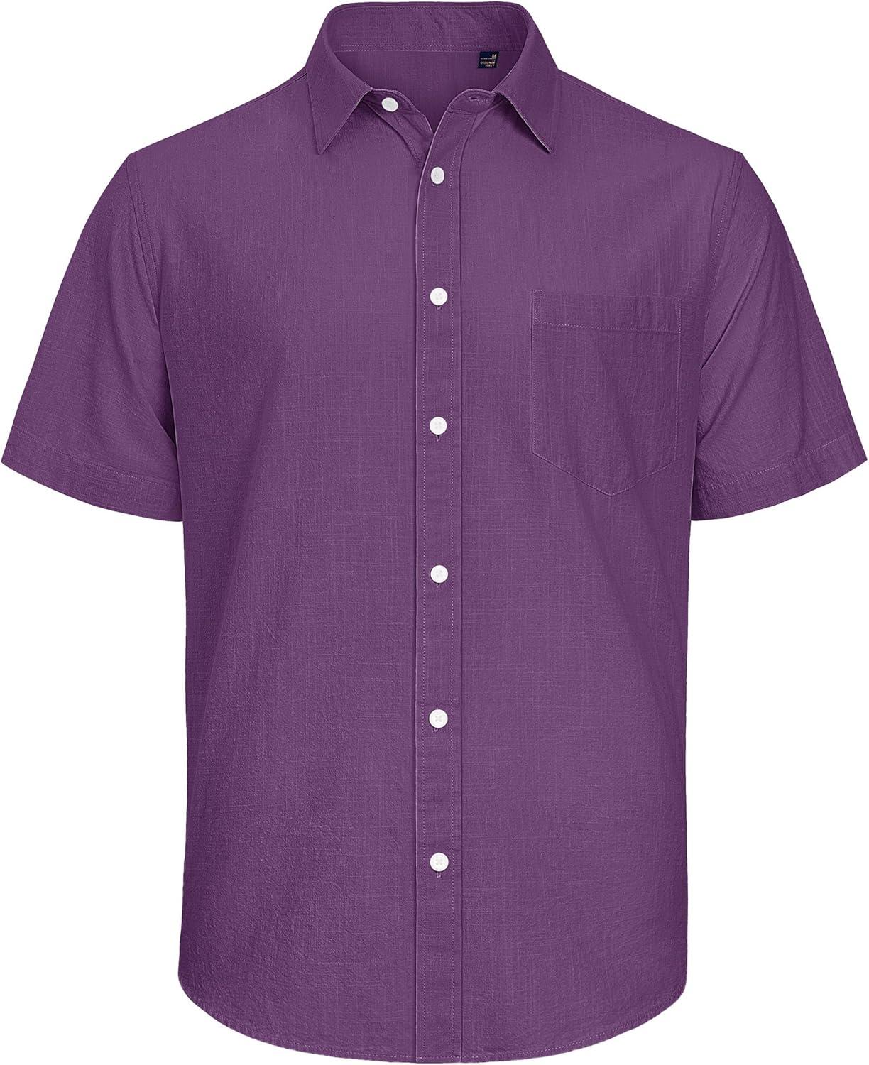 imageJVER Mens Cotton Linen Short Sleeve Shirts Casual Lightweight Button Down Shirts Vacation Beach Summer Tops with PocketDark Purple