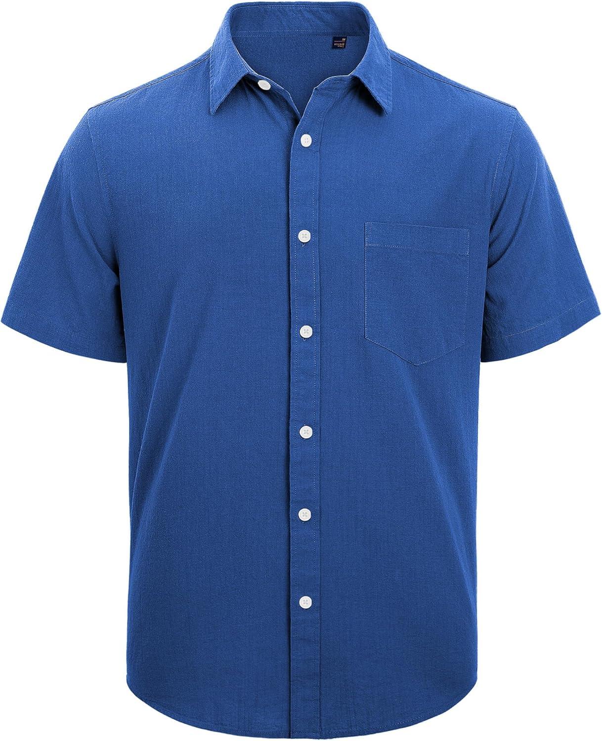 imageJVER Mens Cotton Linen Short Sleeve Shirts Casual Lightweight Button Down Shirts Vacation Beach Summer Tops with PocketDenim Blue